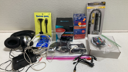 Assorted New and Used Electronics: Color-Changing Bulb, LED Strip Lights, Camcorder, Headphones and more