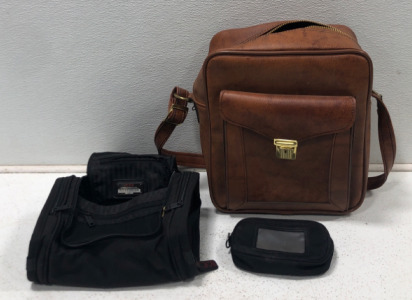 (1) Brown Leather Bag (1) Black Travel Bag (1) Medicine Pouch