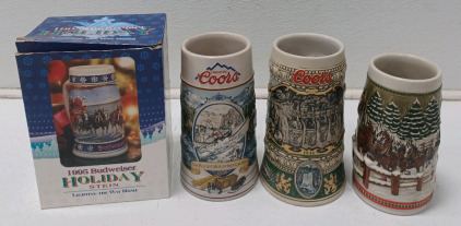 (2) Coors Ceramic Beer Stein Mugs (2) Budweiser Ceramic Holiday Beer Stein Mugs