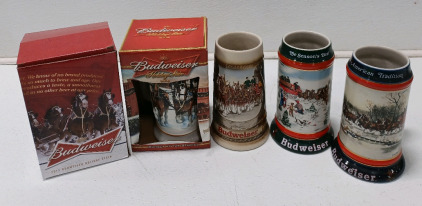 (5) Budweiser Ceramic Holiday Beer Stein Mugs