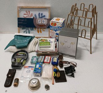 (1) 2Boom Headphones (1) Wall Art Set (4) Goblets (1) Shoe Rack & More