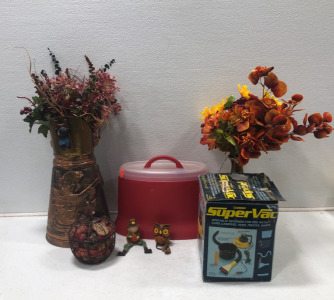 (1) Super Vacuum (2) Vases With Assorted Fake Flowers & More