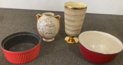 (1) Vintage USA 22K Gold Vase w/ Handles and Leaf Design Maple Leaf UNVERIFIABLE, (1) Vintage Looking Porcelain Vase, (1) Non-Stick Microwave Safe Bowl, (1) Red Mixing Bowl