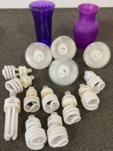 (14) Different Shapes And Sized Light Bulbs, (2) Tall Purple Vases