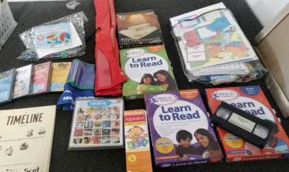 Educational Learning Supplies Including Timeline Book, Learning DVD's, Hooked On Phonics, Building Fractions, Decimals & Percents Magnetic Board