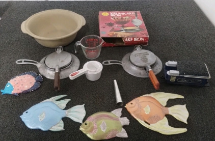 2 Krumcake Iron, Mixing Bowl, Fish Decorations Measuring Cups,