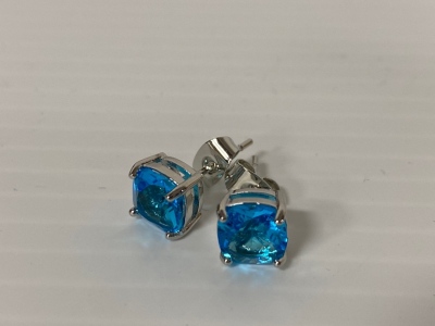 Pair Of Sea Blue Topaz Princess Cut Stud Earrings