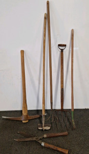 Collection Of Yard Hand Tools, Includes Pick, Hoe & Hedge Trimmer