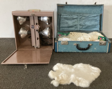 Harwood Chicago Lights, (1) Rabbit Skin W/ Bald Eagle Art On The Other Side, (1) Suitcase Full Of Table Runners And More