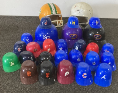 (2) Football Helmets, (3) Collectors Baseball Helmets, (23) Shelf decoration Baseball Helmets