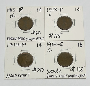 (4) Lincoln Pennies Dated 1913-P, 1914-P, 1914-S