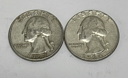 (2) Silver Washington Quarters Dated 1963 And 1964