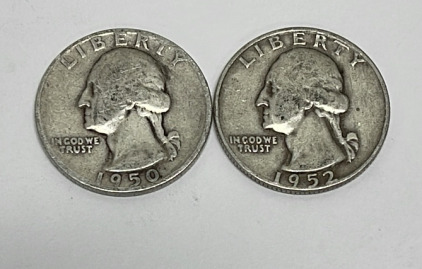 (2) Silver Washington Quarters Dated 1950 And 1952