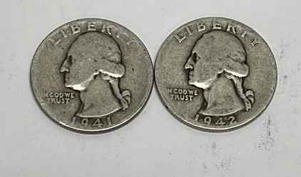 (2) Silver Washington Quarters Dated 1941 And 1942