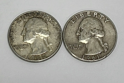 (2) Silver Washington Quarters Dated 1960 And 1961