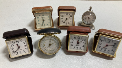 (5) Assorted Vintage Folding Desk Clocks, (1) Small Glass Desk Clock