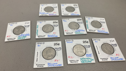 (10) Various Quarters, (1) 2020-D BU Denver Mint tall grass prairie Quarter, (1) 1970-D XF denver mint Washington Quarter, and more quarters.