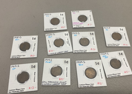 (12) Collectible Pennies (1) 1918-D Lincoln Wheat Cent Denver Mint Penny, (1) 1919-S San Francisco Mint Lincoln Wheat Penny, and many more