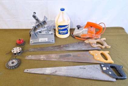 (3) 26" Handsaws (1) Harbour Freight Cut Off Saw Conversion Kit & More