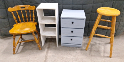 (1) Small 3-Drawer Cabinet, (1) Small 3-Shelf Unit, (1) Wood Chair & (1) Wood Stool