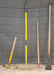 (1) Matlock, (1) Hard Rake, (1) Weeding Rake & (1) Edger/Scraper