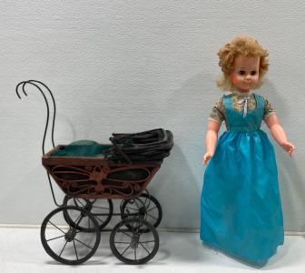 (1) Vintage Bent Wood Iron Baby Doll Stroller (1) Patti Playpal Doll