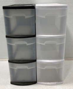 (2) 3 Tier Plastic Storage Bins L14xW8”xH24”