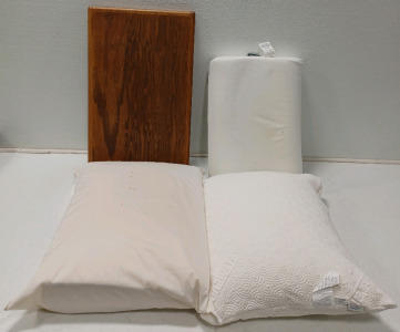 (1) Tempur Pedic Pillow (2) Memory Foam Pillows (1) Piece Of Solid Wood