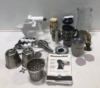 (1) Kitchen Aid Rotor Sliccer (1) Glass Vase (1) Water Bottle & More