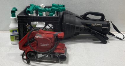 (1) Milwaukee Belt Sander (1) Cyclops Rechargeable 15 Million Candle Power Spotlight (9) Outdoor Odor Eliminator Spray