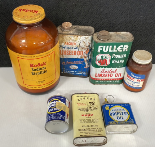 Vintage Kodak Sodium Bisulfite, (2) Linseed Oils, Lock Fluid, Boric Acid, Howard Restore & Dripless Oil