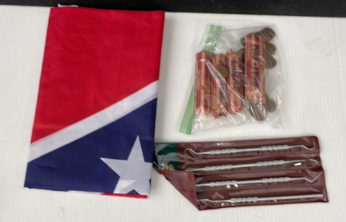 Confederate Flag, Bag Wheat-back Pennies (Unknown Amount), & (4) Dentist Tooth Picks