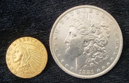 1881 Morgan Silver Dollar "O" Printi Stamp, 1911 Liberty Indian Head Coin (Unverified)