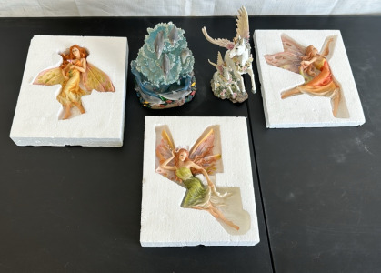 (3) Ceramic Fairy Wall Decorations, (1) Beautiful Dolphin Ceramic Decoration, (1) Pegasus Ceramic Decoration