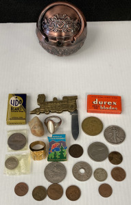 Brass Trinket Box With Trinkets- Train Locomotive Pocket Knife, Country Coins, Rings, Pins, & Blades
