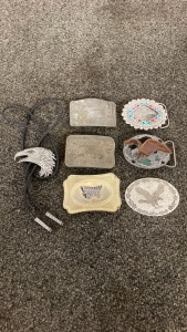 (5) Belt Buckles, Bolo Tie And Decorative Buckle Plate