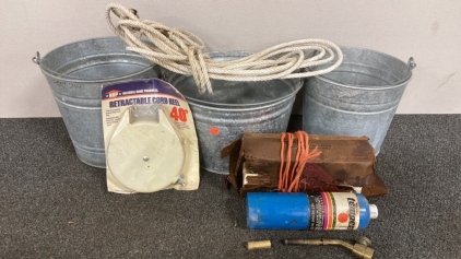 Propane Tank, 40&rsquo; Cord Reel, & Metal Buckets