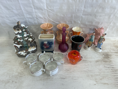 (1) Vintage Wolf Water Fall Fountain, (2) Vintage Ceramic Clown Figurines & More