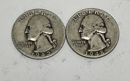 (2) Silver Washington Quarters Dated 1943 And 1948