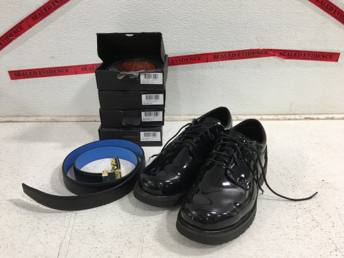 2) Pairs Of Bates High Gloss Black Dress Shoes Size 8.5 and (5) AOG Dress Belts