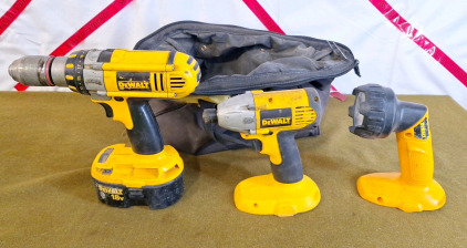 (1) Dewalt 1/2" Cordless Drill W/ Battery, (1) Dewalt 1/4" Cordless Impact Driver & (1) Dewalt Cordless Flashlight