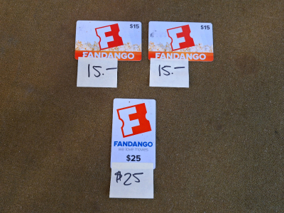 (3) Fandango Gift Cards (1) W/$25.00 Verified Balance & (2) Each W/ A $15.00 Verified Balance