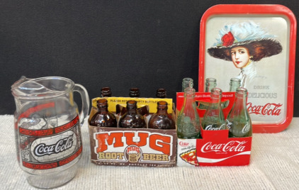 Collectors Coca-Cola & Mug!- Tiffany Style Stained Glass Pitcher, Coca Cola & Mug Glass Bottles In Boxes, & Hamilton King Girl Metal Tray. BB64