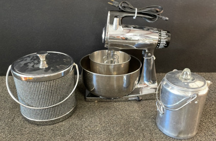Vintage Sunbeam Mixmaster (Works!), Coffee Percolator, & Ice Holder BB67