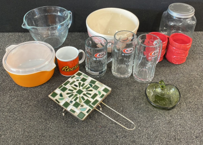 Vintage Kitchen Glassware!- Pyrex Bowl W/ Lid, (3) A&W Cups, Mosiac Tile Trivet, (2) Tiki Cups & More! BB67