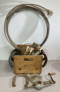 Vintage Lasso Rope,Horse Shoes, white Mountain Freezer Icecream Maker (Needs Put Together) & Property Of Home Dairies Crate