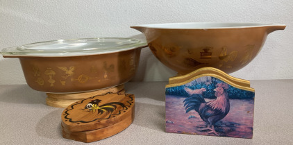 Vintage Pyrex-Early American, Vintage Hand Painted Hamburger Press, Vintage Rooster Napkin Holder