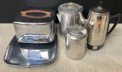 Cake Travel Tray & (3) Stainless Steel Percolators BB64