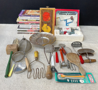 (19) Cookbooks, Apple Parer, Cupboard Handles, Plus Vintage Kitchen Supplies BB65