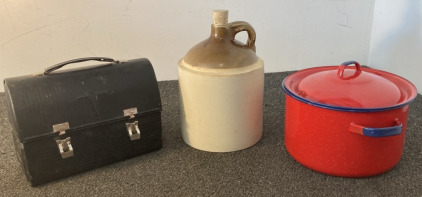 Antique Stone Jug, Recipe Box, Red And Blue Pot W/ Lid BB65